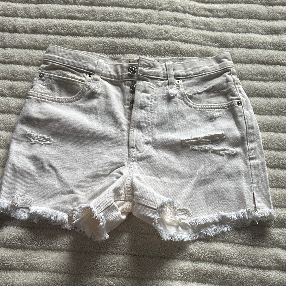 Free People Cream Distressed Jean Shorts